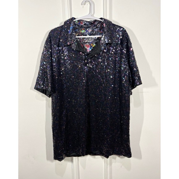 Tokyo Ring Other - Tokyo King Mens XL Sequin Shirt Iridescent Black Disco Party Festival Button Up
